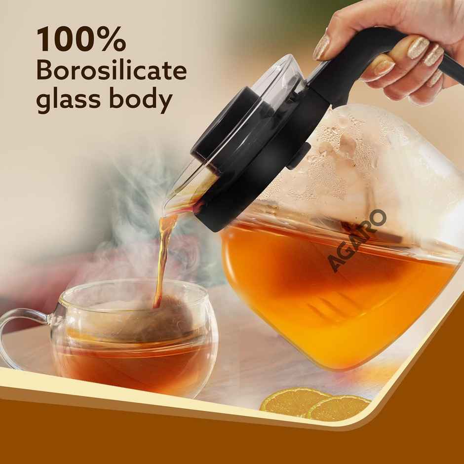 AGARO Elite Glass Kettle 1200ml,Borosilicate Glass, Microwave Safe, Low Flame Proof, Transparent
