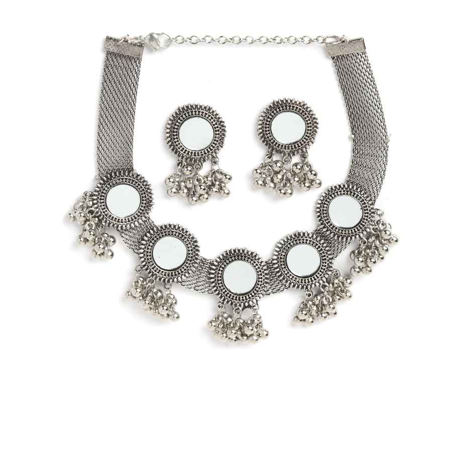 Shining Diva Fashion Stylish Oxidised Silver Tribal Choker Necklace Jewellery Set for Women 12162s