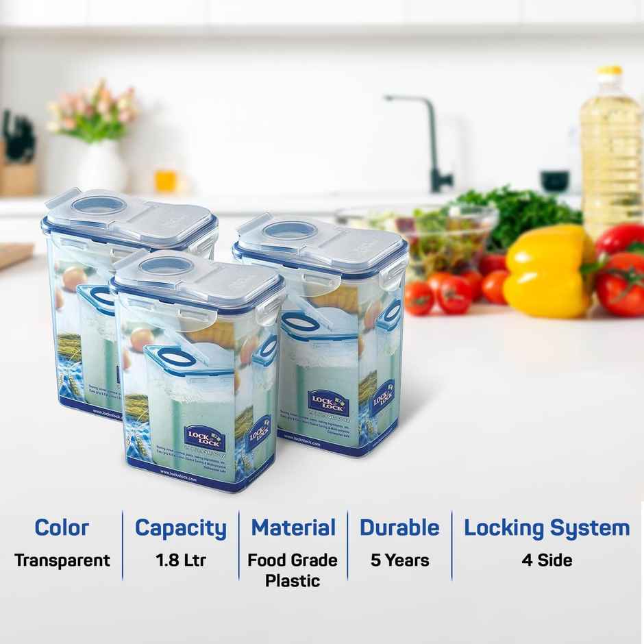 LocknLock HPL813F Classics Tall Rectangular Plastic Airtight Container | Transparent - 1.8 L