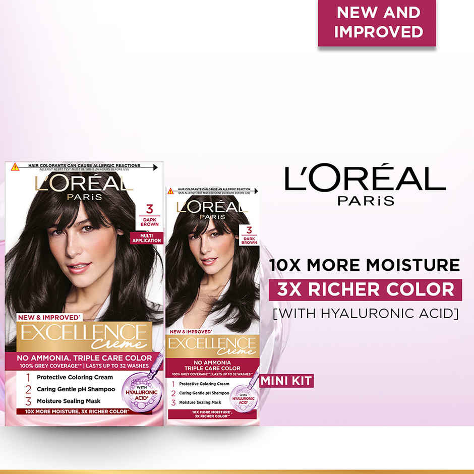 L'Oreal Paris New Excellence Creme Hair Color Mini Shade 3 Dark Brown | 20g + 20ml + 5ml + 5g