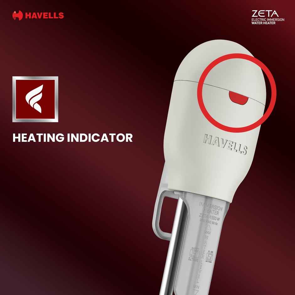 Havells Zeta 1500 watt Immersion Heater | ISI Mark Heavy Duty 3 Pin Moulded Plug | Grey