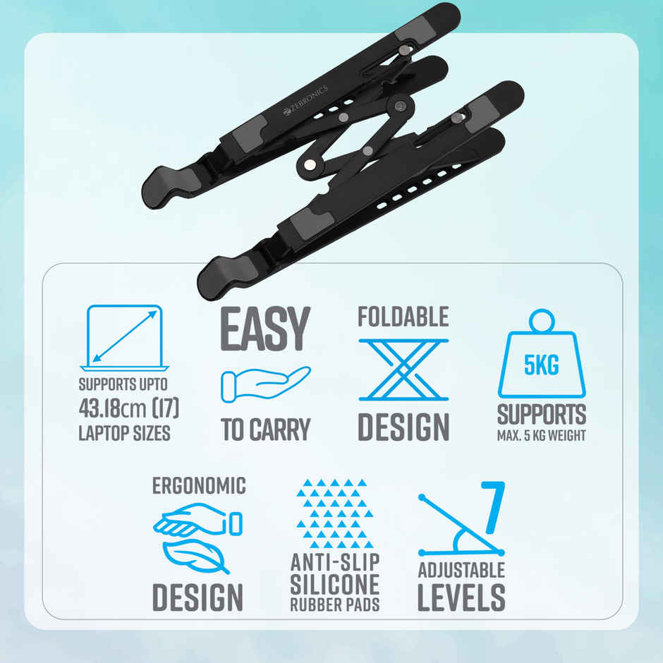 Zebronics NS1500 Laptop Stand Featuring Foldable Design, Anti-Slip Silicone Rubber Pads, Supports Maximum of 5kgs Weight Tabletop - Black