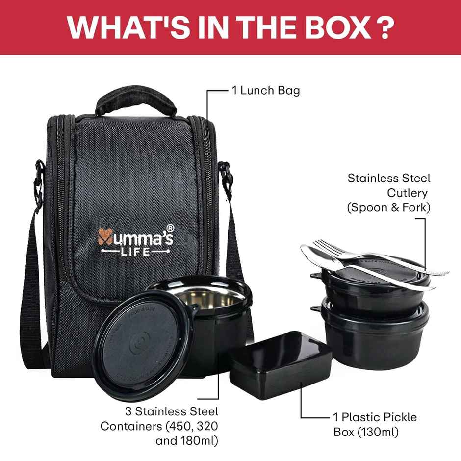 Mumma's LIFE Lunch Box, Microwave Safe, 3 Inside Steel Container with Steel Cutlery | Black