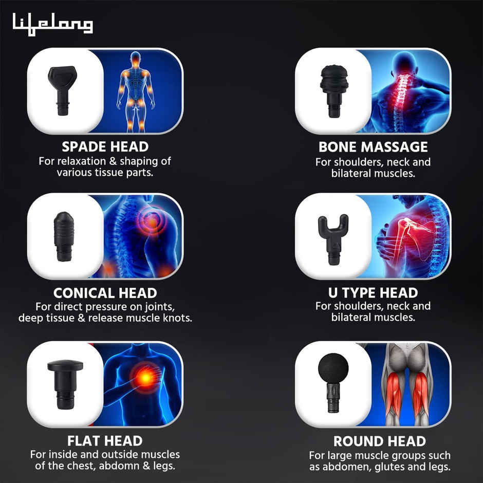 Lifelong Gun Massager | Percussion for Full Body Pain Relief | 6 Heads |LED Touch | 30 Speed Levels