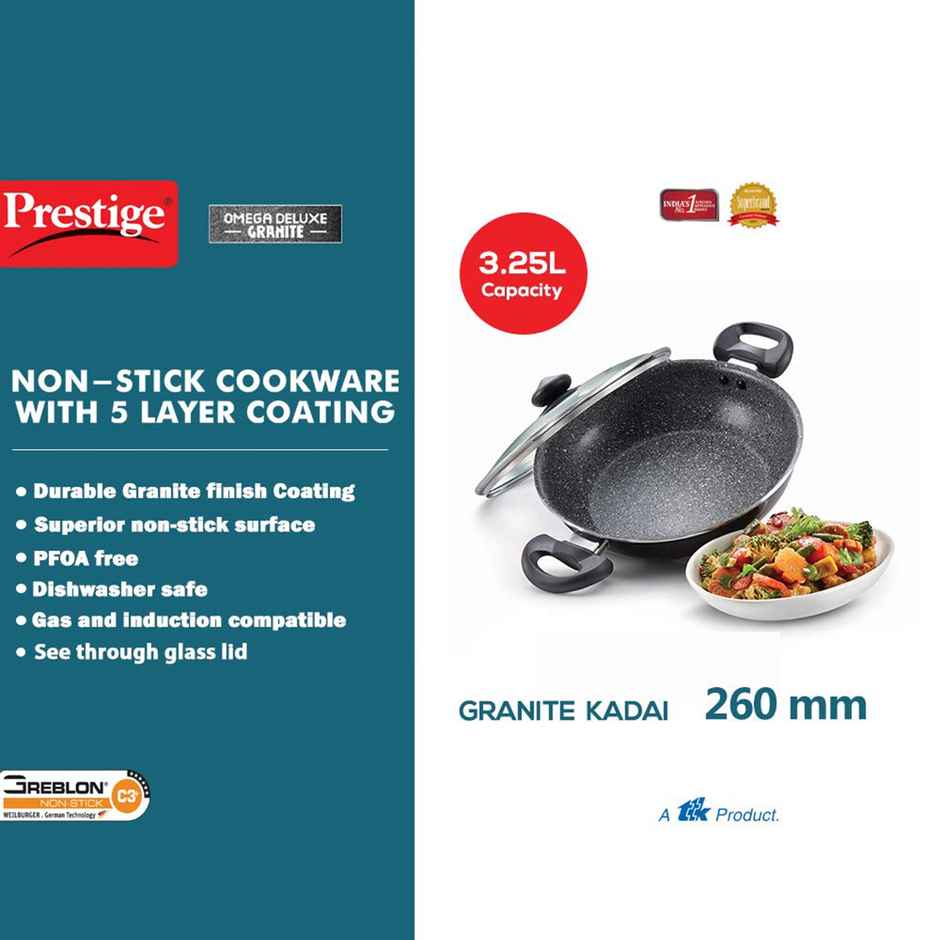Prestige 26cm | 3.25 Litre Omega Deluxe Granite Non-stick Kadai with Glass Lid | Black