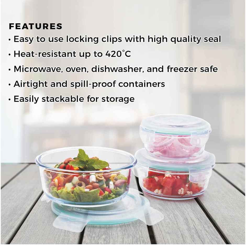 Signoraware Lock N Store Round Borosilicate Glass Container | 400 ml + 620 ml + 950 ml |Transparent