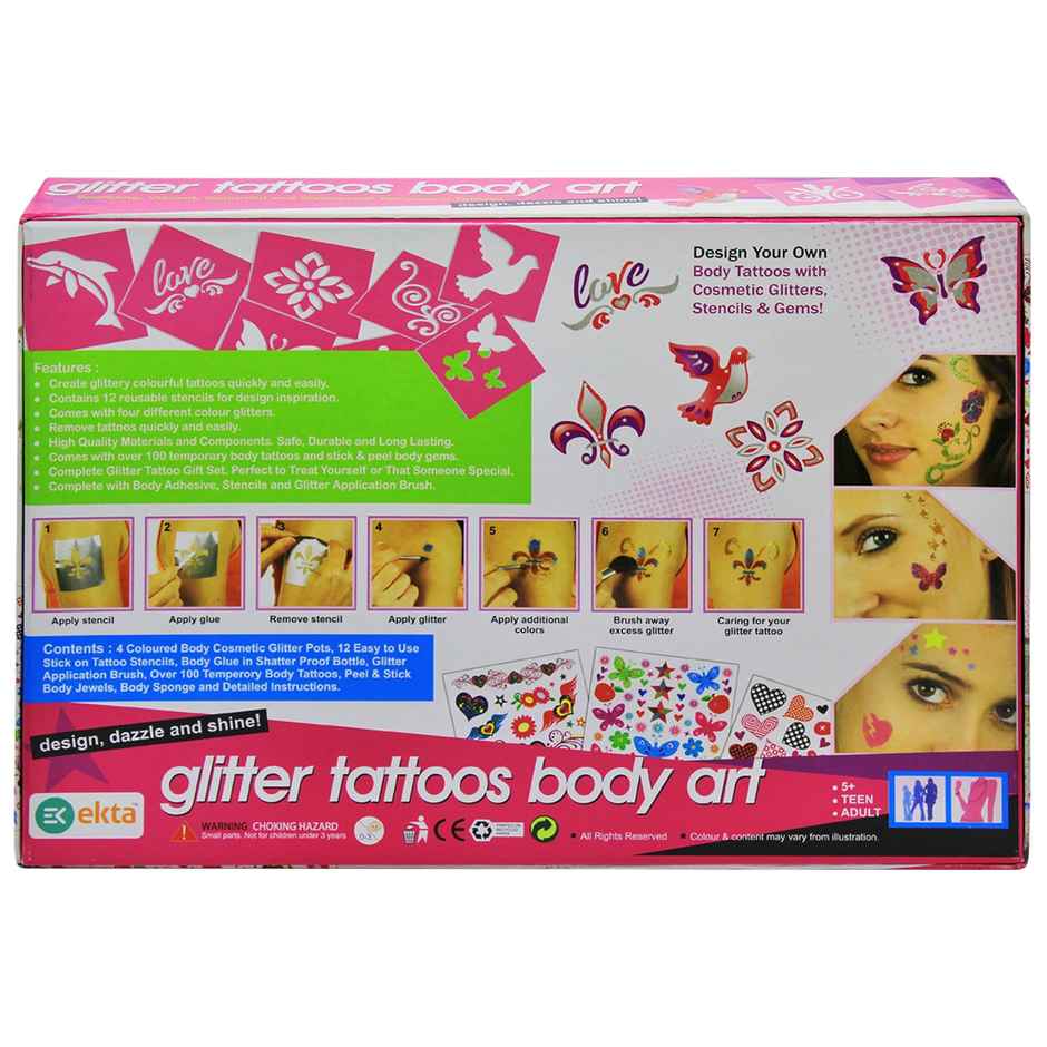 Ekta Glitter Tattoo Body Art Craft Kit | 100 Tattoos, Create Your Own Professional Body Art Tattoos
