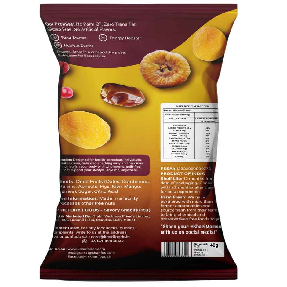Khari Foods Dried Fruits Trail Mix | Dates, Cranberries, Black Raisins, Apricots | On the go Snack