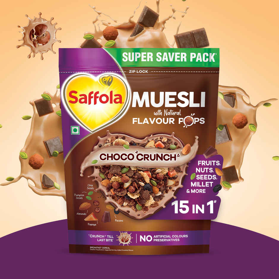 Saffola Muesli Choco Crunch with Flavour Pops | 15 in 1 Fruit and Nuts, Seeds | Millet & more