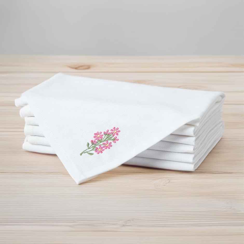 Encasa Xo Cotton Table Napkins White Flowers 43X43 Cm, Pack Of 6
