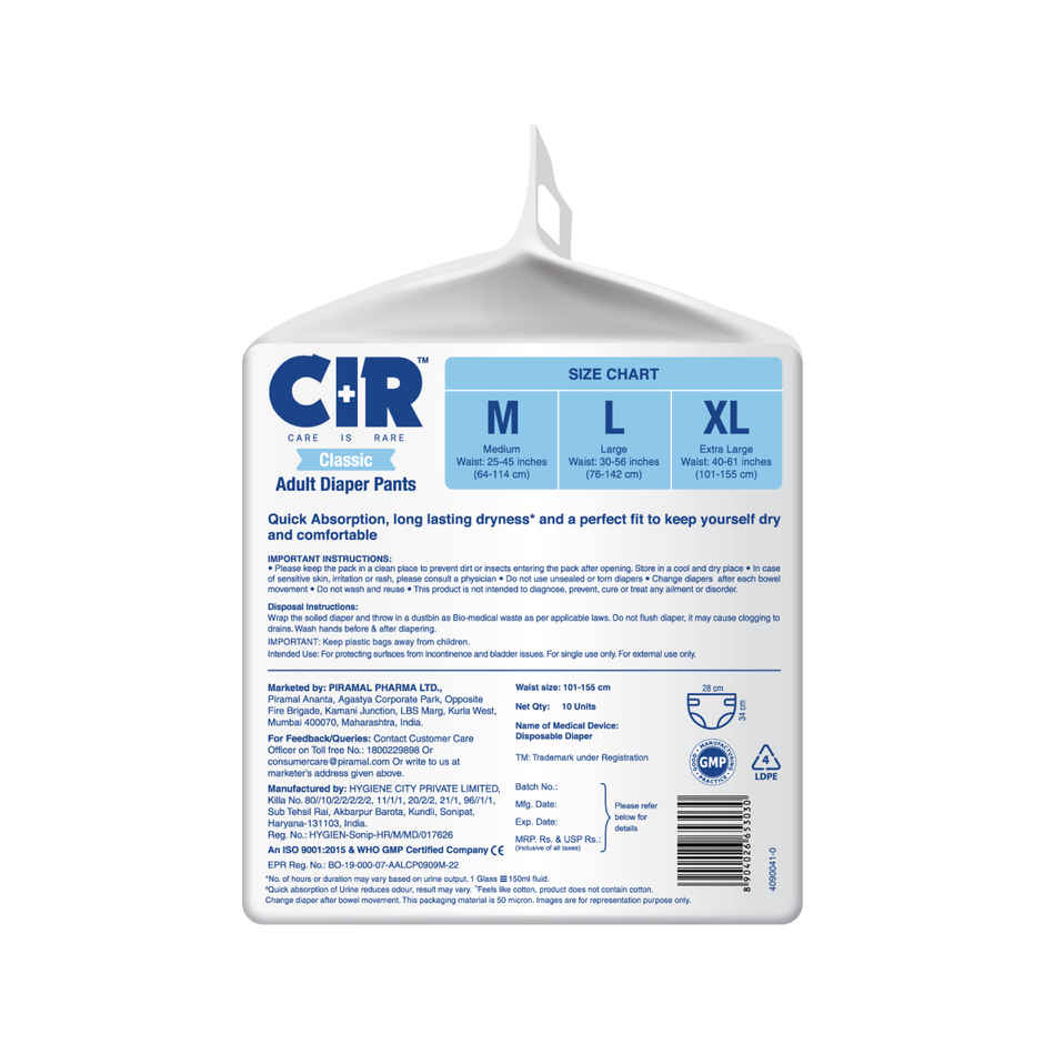 CIR Classic Adult Diaper Pants Style 8 Hr Absorption Protection Odour Control Cotton Soft Feel | XL