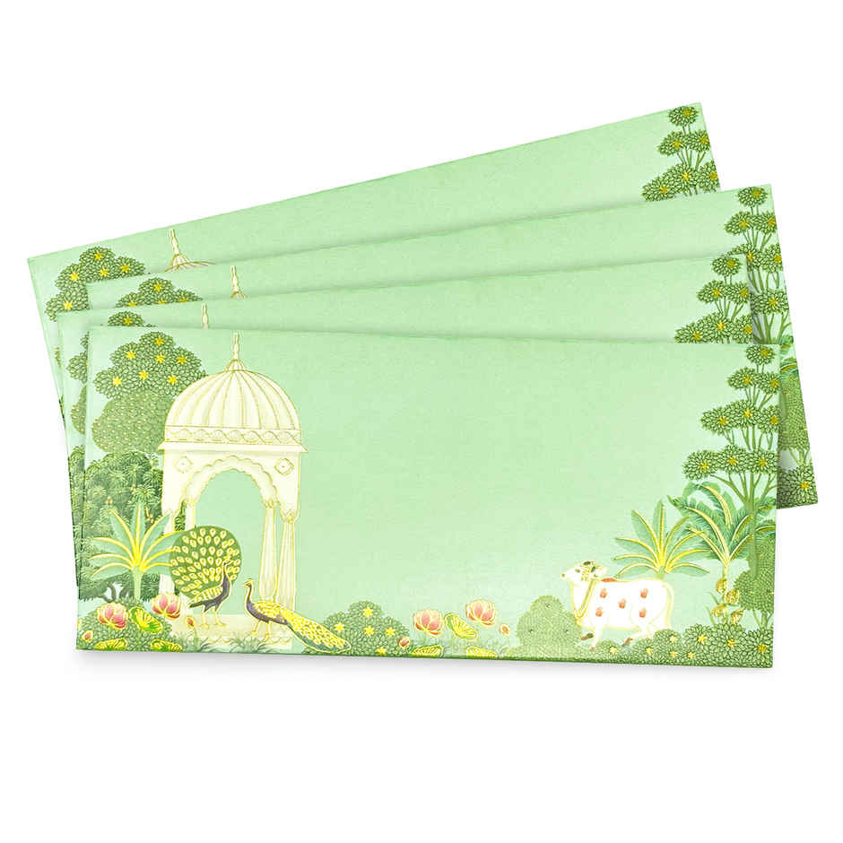 PaperPep Peacock Print | Foiled Textured Paper Shagun Envelopes | Green