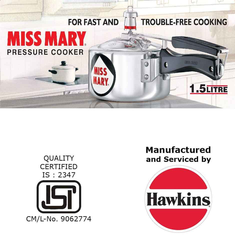 Hawkins 1.5 Litre Miss Mary Pressure Cooker, Small Inner Lid Cooker, Silver (Mm15)