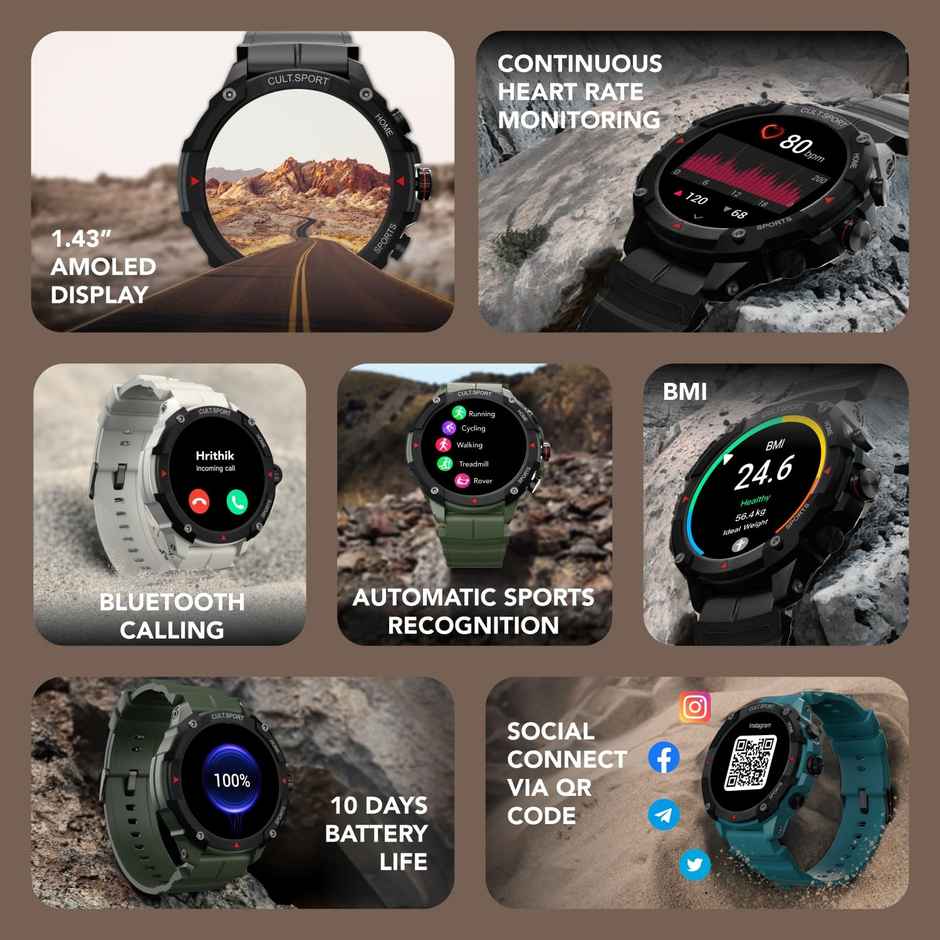 Cultsport Ranger XR 1.43" AMOLED Display Outdoor Rugged Smartwatch, BT Calling, Big Battery (Green)
