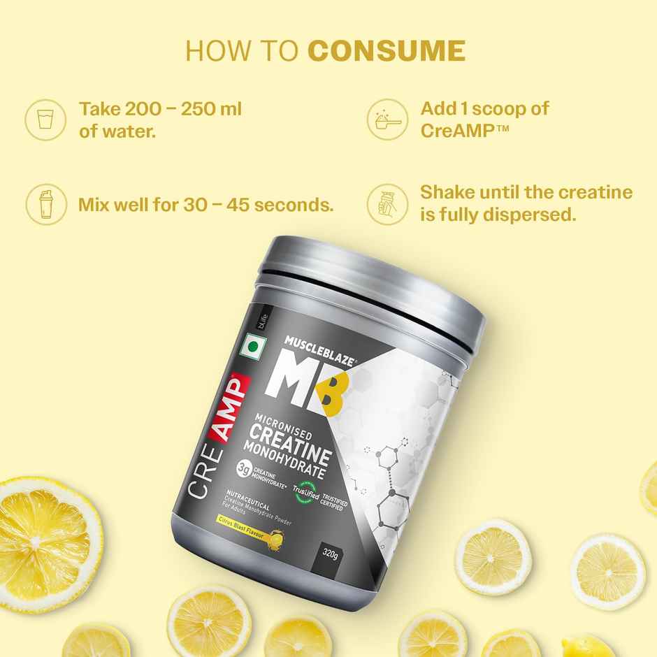 MuscleBlaze Creatine Monohydrate CreAMP with CreAbsorb | 80 Servings | Citrus Blast