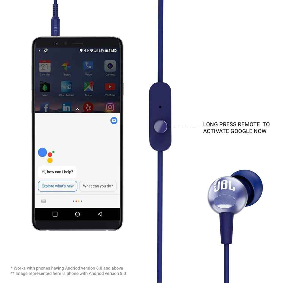 JBL C200SI, Premium in Ear Wired Earphones with Mic, 3.5mm Audio Jack, Signature Sound, One Button Multi-Function Remote, Premium Metallic Finish, Angled Earbuds for Comfort fit - Blue