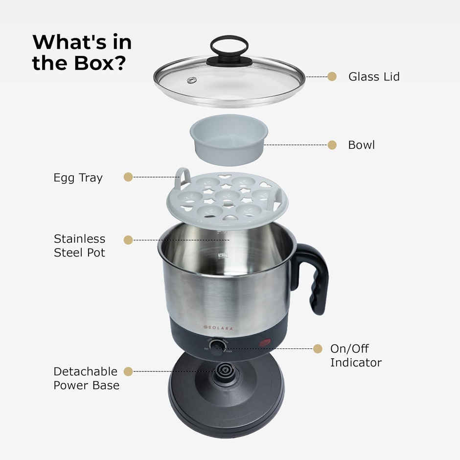 Solara Multipurpose Electric Kettle 1.5 Litre, Stainless Steel Body With Glass Lid- Black