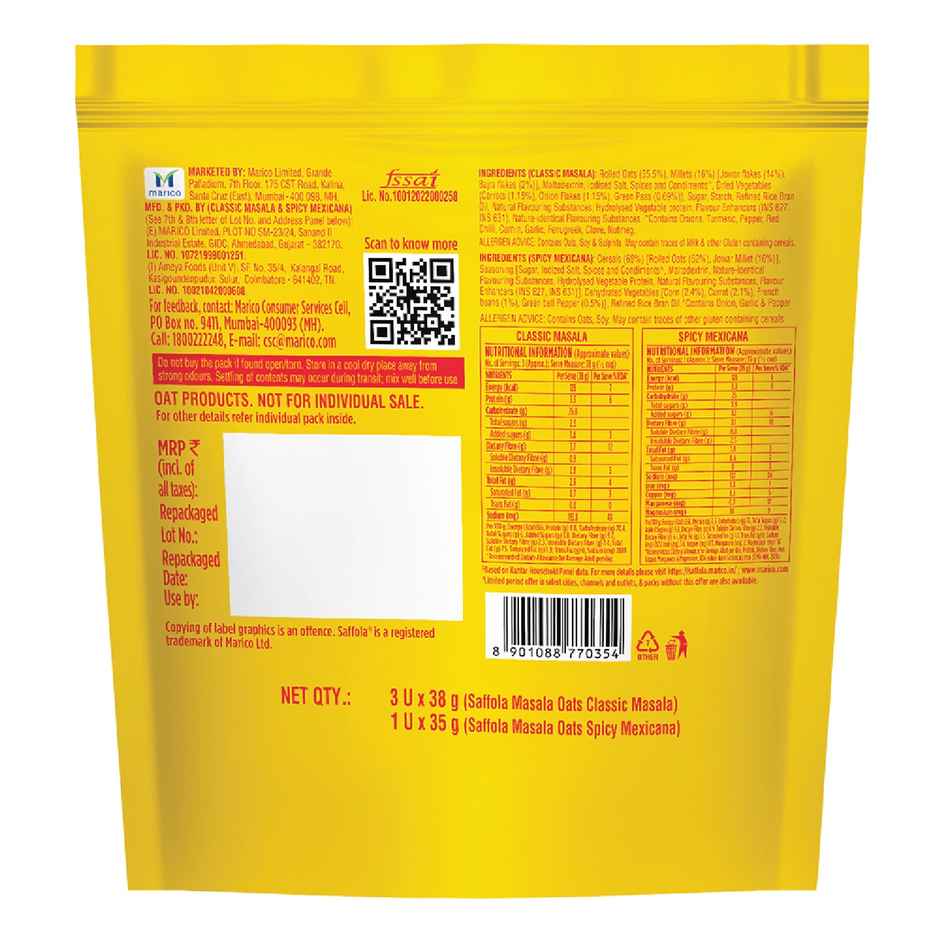 Saffola Masala Oats Variety Pack With Classic Masala & Spicy Mexicana Tasty | Evening SnacK