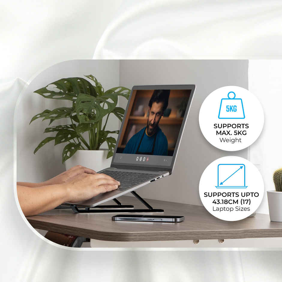 Zebronics -NS1000 Laptop Stand Featuring Foldable Design, Anti-Slip Silicone Rubber Pads, Supports Maximum of 5kgs Weight, 6 Adjustable Levels - Black