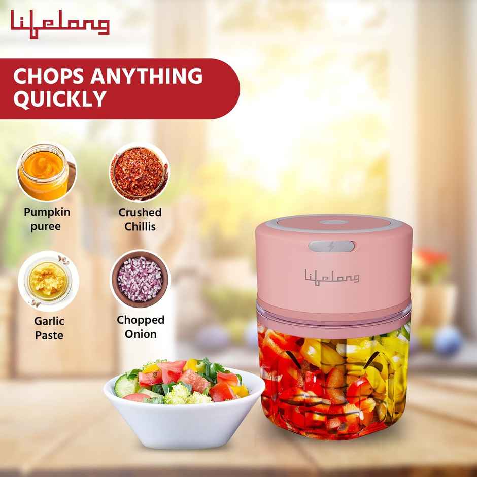 Lifelong LLWC03 (30Watt) USB Rechargeable Wireless Electric Chopper, 250ml, with Stainless Steel Blades for Onion, Garlic, Vegetables, Nuts, Meat - Pink