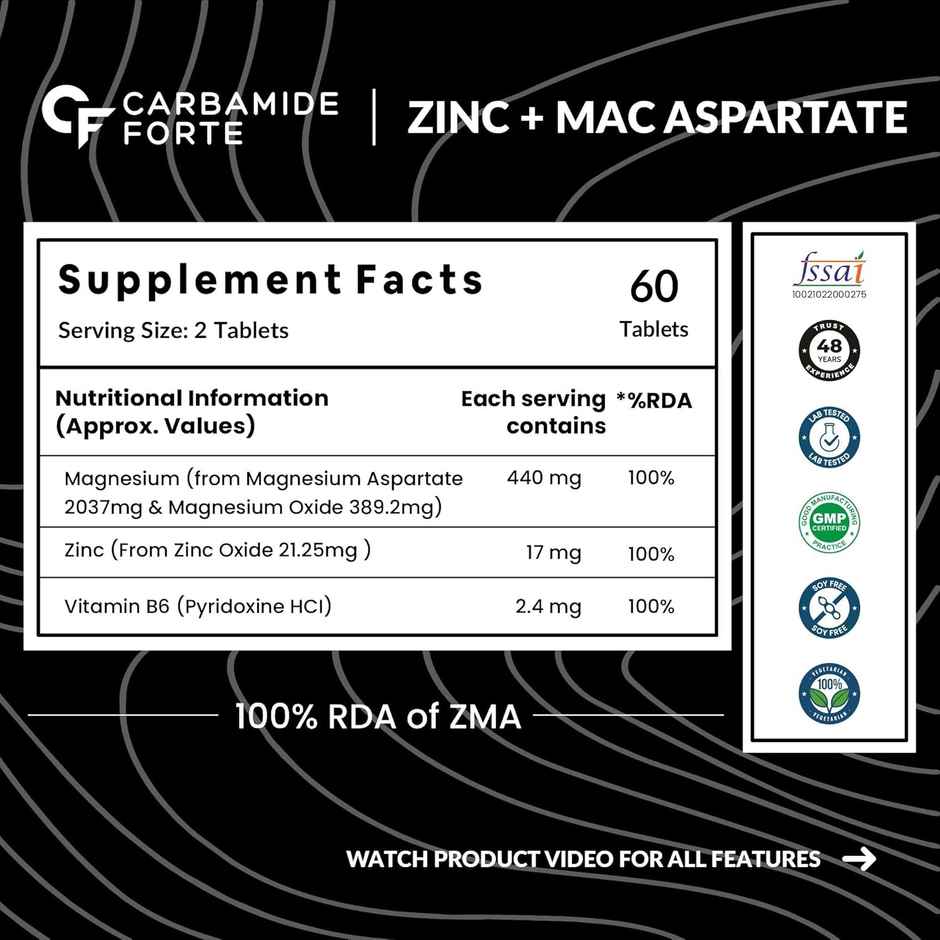 Carbamide Forte ZMA Supplement for Men Zinc and Magnesium Supplements with Vitamin B6 60 Tablets