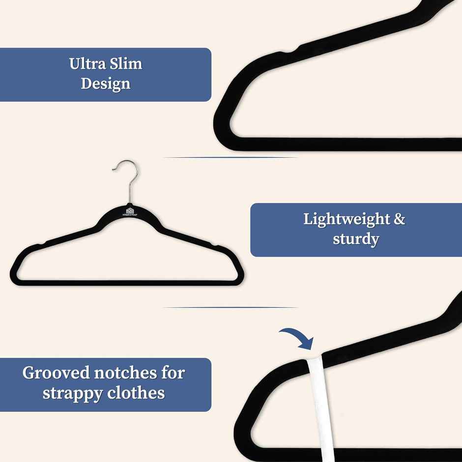 Homestrap Velvet Plastic Cloth Hanger | Black | Pack of 6