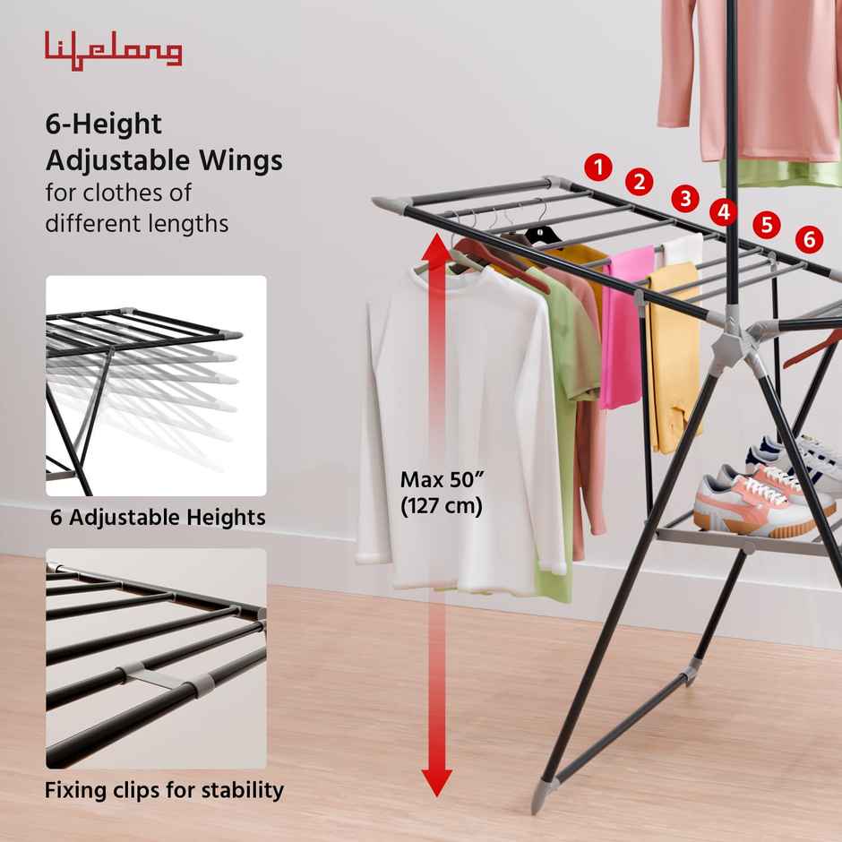 Lifelong Clothes Stand for Drying | Height Adjustable | 55 ft Drying Length | Easy to Store | Black
