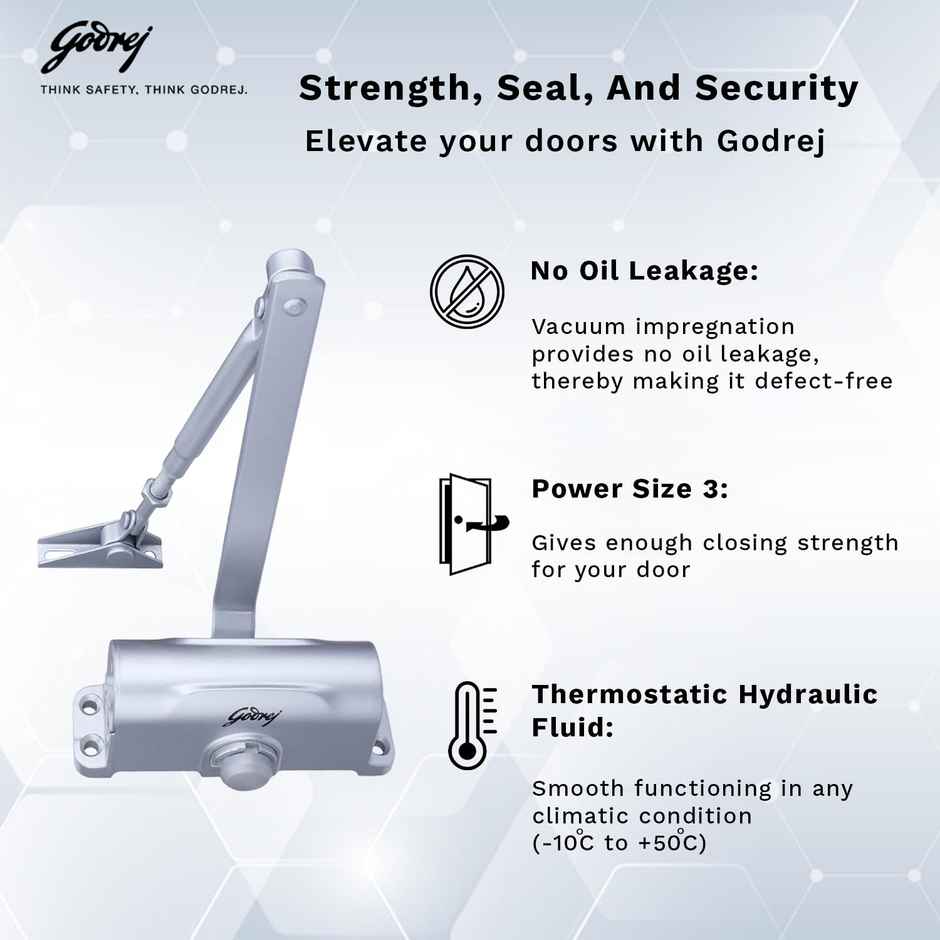 Godrej Hercules Door Closer | Wooden, Aluminum & Metal Doors | Compact Design | Silver Finish