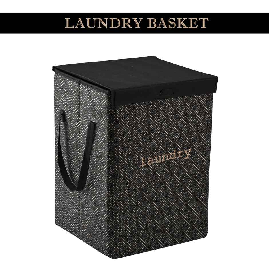 Kuber Industries | 75 L | Golden Dot Foldable Laundry Basket | Lid & Handles | Black
