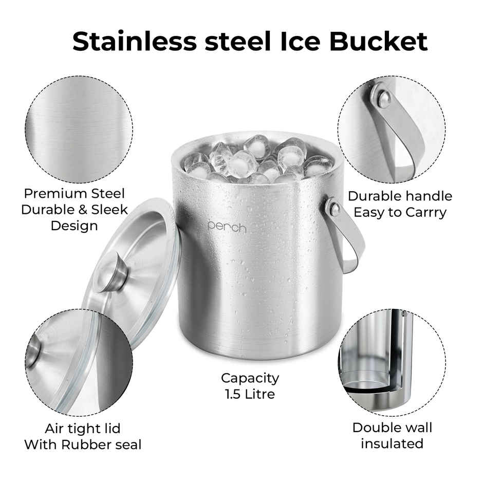 Perch Ice Bucket | Double Wall Steel with Lid Tongs Jigger | 1.5 L | Silver