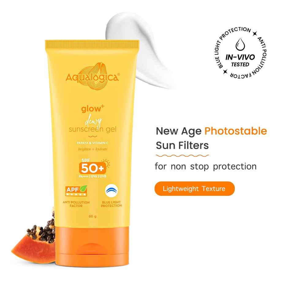 Aqualogica Glow+ Dewy Sunscreen SPF 50+ PA++++ with Anti Pollution Factor (APF) | Papaya & Vitamin C