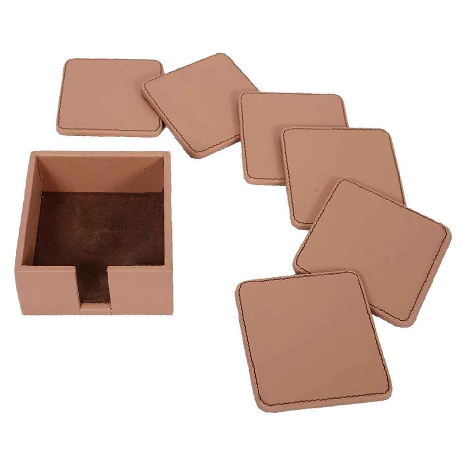 Kuber Industries Tea Coaster|Soft Leather Heat Insulation Tabletop Coasters Set of 6 | Light Brown