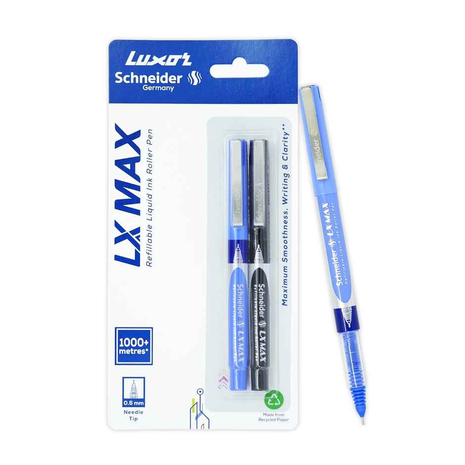 Luxor Schneider LX Max Refillable Roller Ball Pen | Pack of 2 | Blue Plus Black | 1000 mtrs Plus Writing Length