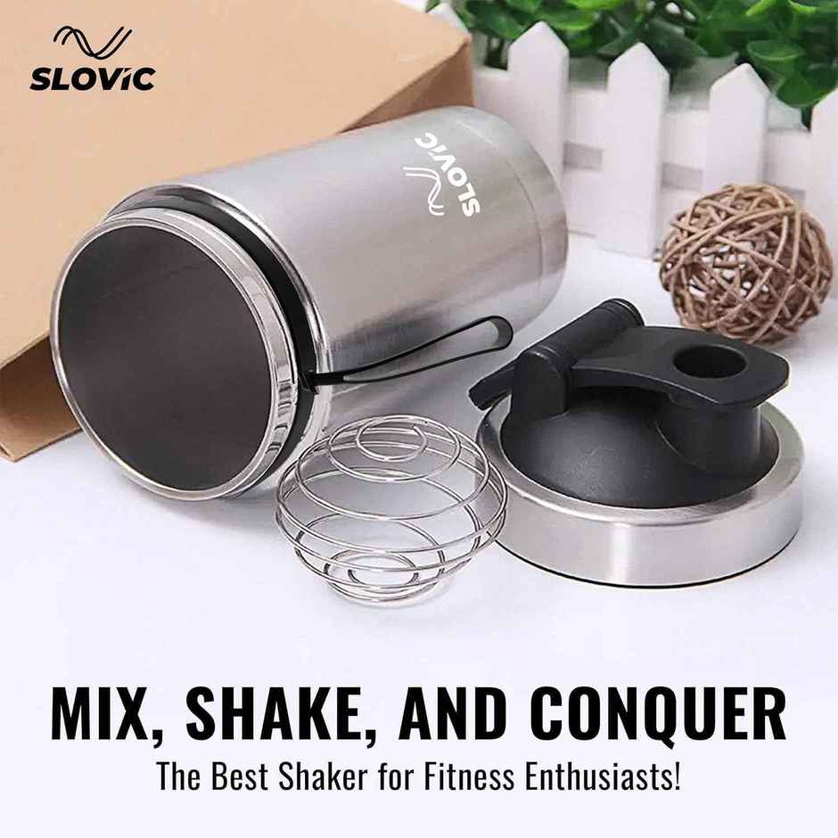 Slovic 750ml Stainless Steel Shaker Bottle for Gym with Leakproof Lid & Blender Ball | 100% BPA Free