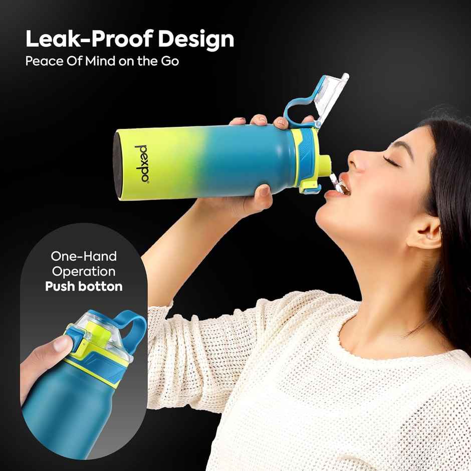 Pexpo Amaze Stainless Steel Vacuum Insulated Hot & Cold Flask | Teal Blue & Neon Yellow | 740 ml