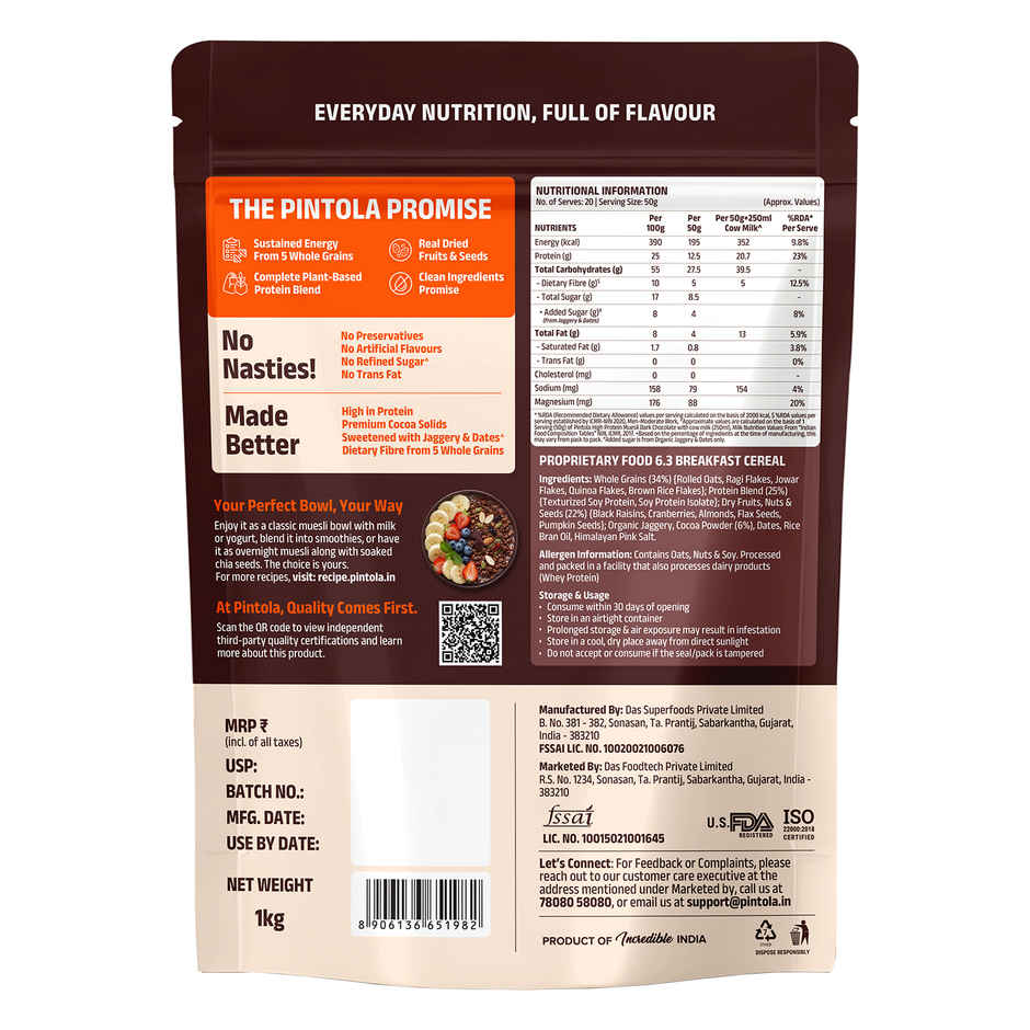 Pintola High Protein Muesli Dark Chocolate & Cranberry, 25 g Protein, High Fibre, Trans Fat Free