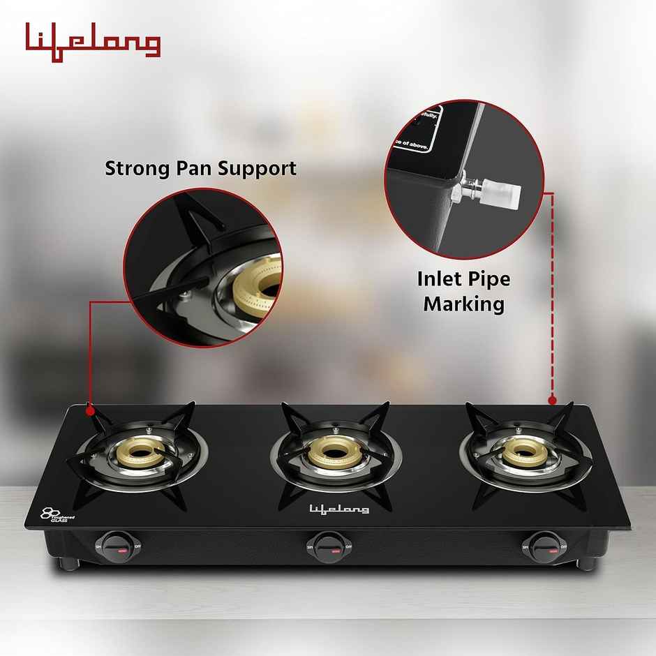 Lifelong 3 Burner Gas Stove Top -Automatic Ignition for Modular Kitchen| Compatible with LPG