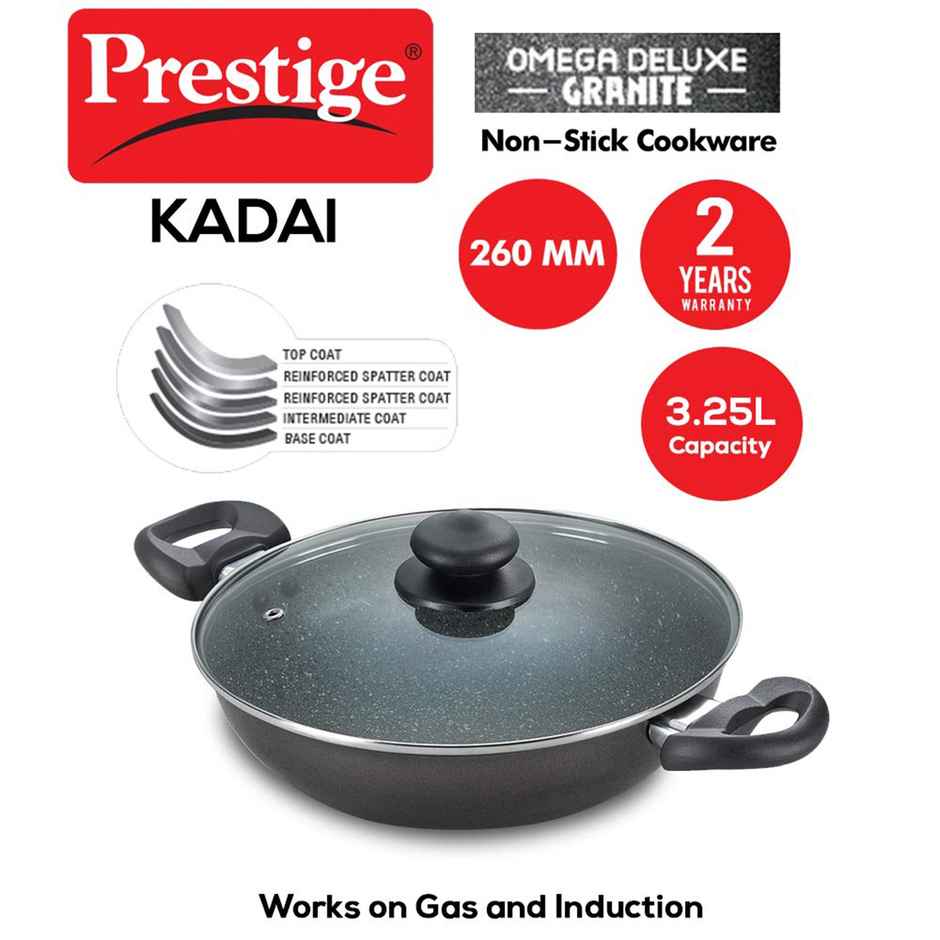 Prestige 26cm | 3.25 Litre Omega Deluxe Granite Non-stick Kadai with Glass Lid | Black