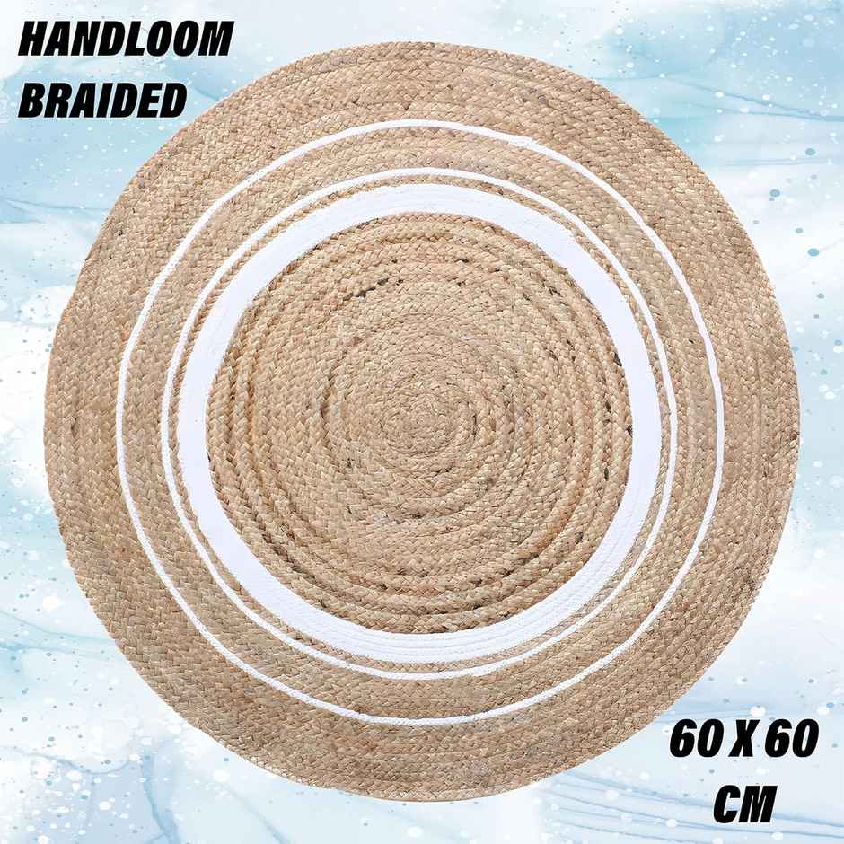 Kuber Industries Hand Woven Braided Jute Carpet Rug | Round Traditional Spiral Design (White)