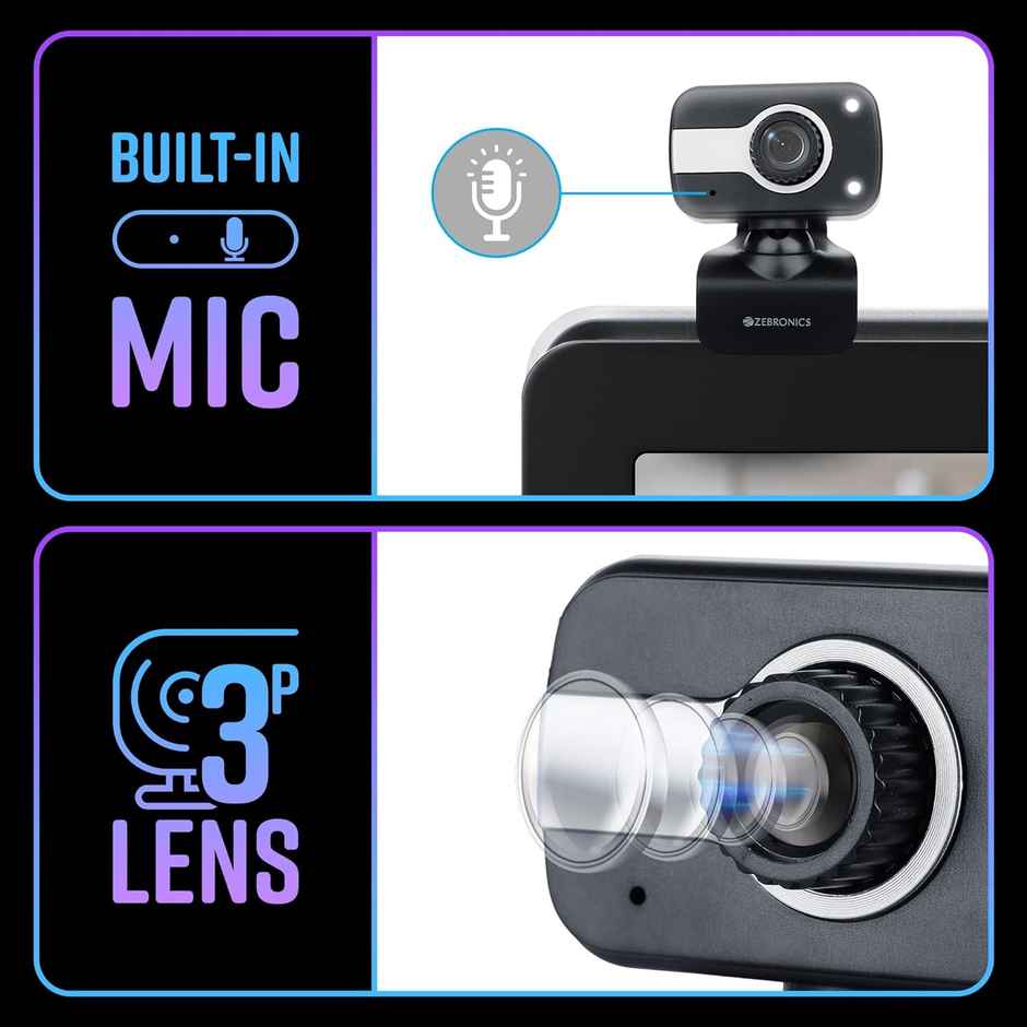 Zebronics Zeb-Crystal Clear Web Camera, 0.3 MP with USB with 3P Lens,Built-in Microphone,Auto White Balance,Night Vision and Manual Switch for LED - Black