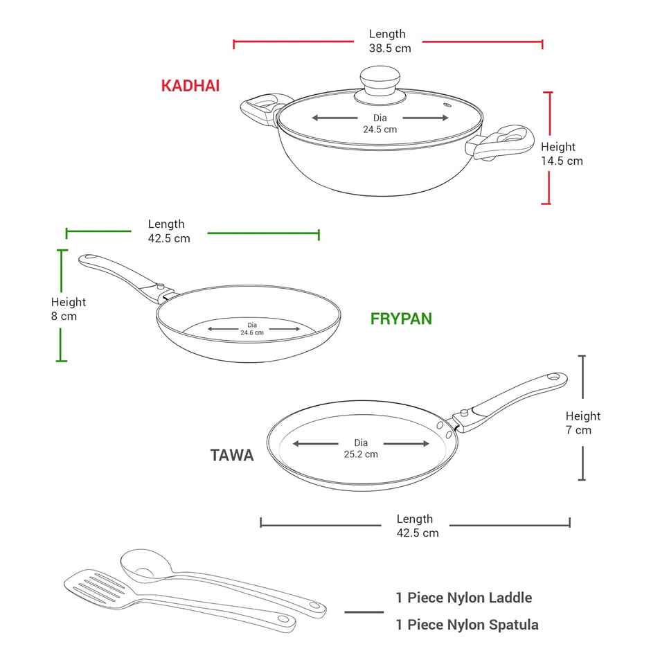 Milton Pro Cook Kitchen Jewel Set Of 5 Peach Fry Pan 24 Cm, Kadhai 24 Cm With Glass Lid, Tawa 25 Cm