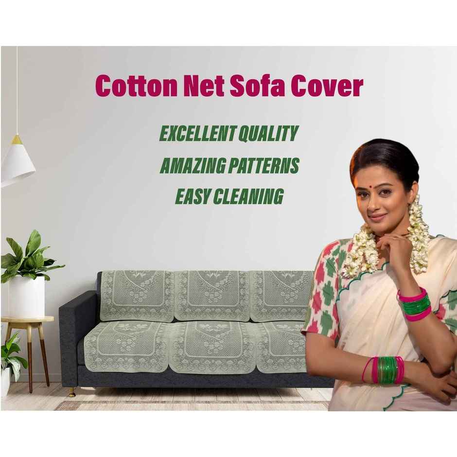 Kuber Industries Cotton Net Floral S-19 Design 5-Seater Sofa Cover for Home Decor|Cream