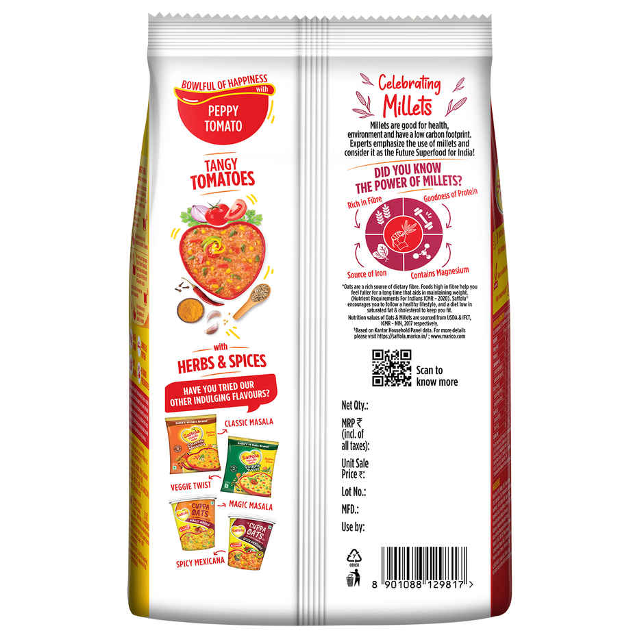 Saffola Masala Oats | Peppy Tomato | Anytime Snack | Ready In 3 Mins | Millets Goodness |500g