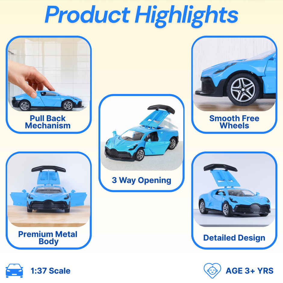 Race n Roll Premium Die-Cast Car | 3-Way Opening | Pull-Back Action | Bug Blue