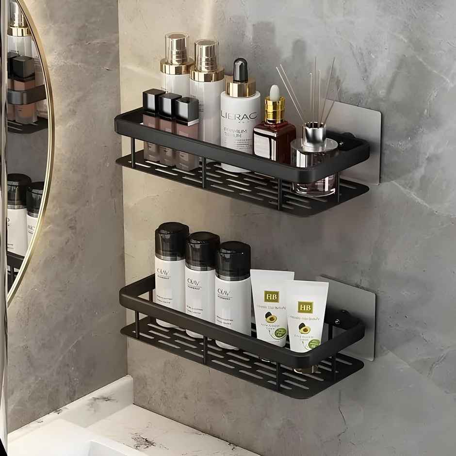 Perpetual Adhesive Aluminium Bathroom Shelf | Wall Rack for Kitchen/Bath | 2 Pcs | Black