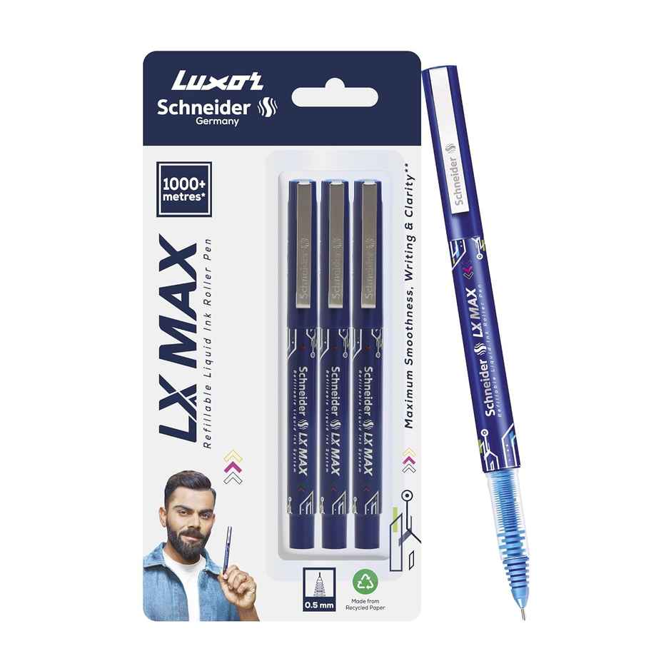 Luxor Schneider LX Max Refillable Roller Ball Pen | Pack of 3 | Blue | 1000 mtrs Plus Writing Length