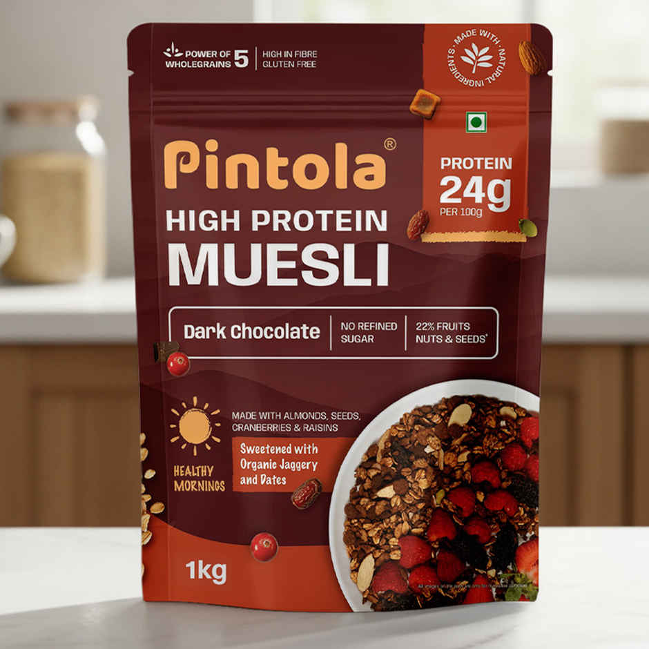 Pintola High Protein Muesli Dark Chocolate & Cranberry, 24 g Protein, High Fibre, Trans Fat Free