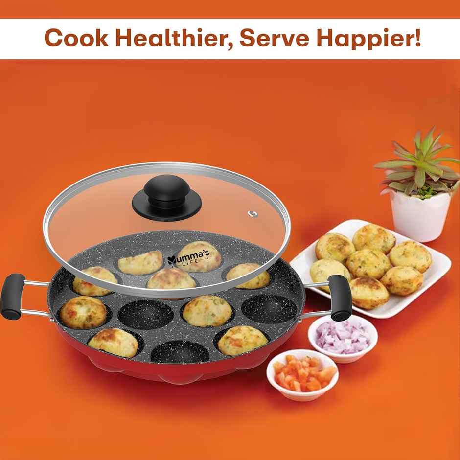 Mumma s Life Non-Stick 12 Cavity Grill Appam Patra 2 Side Handle with Glass Lid | 22 cm