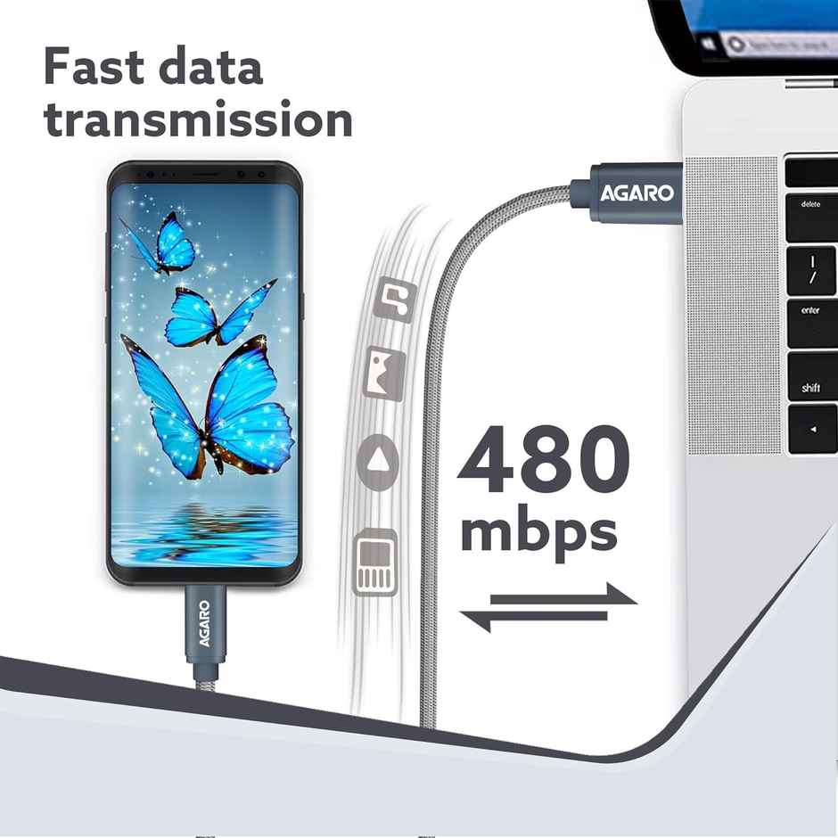 AGARO Blaze USB to Lightning Nylon Braided cable 1M - Grey