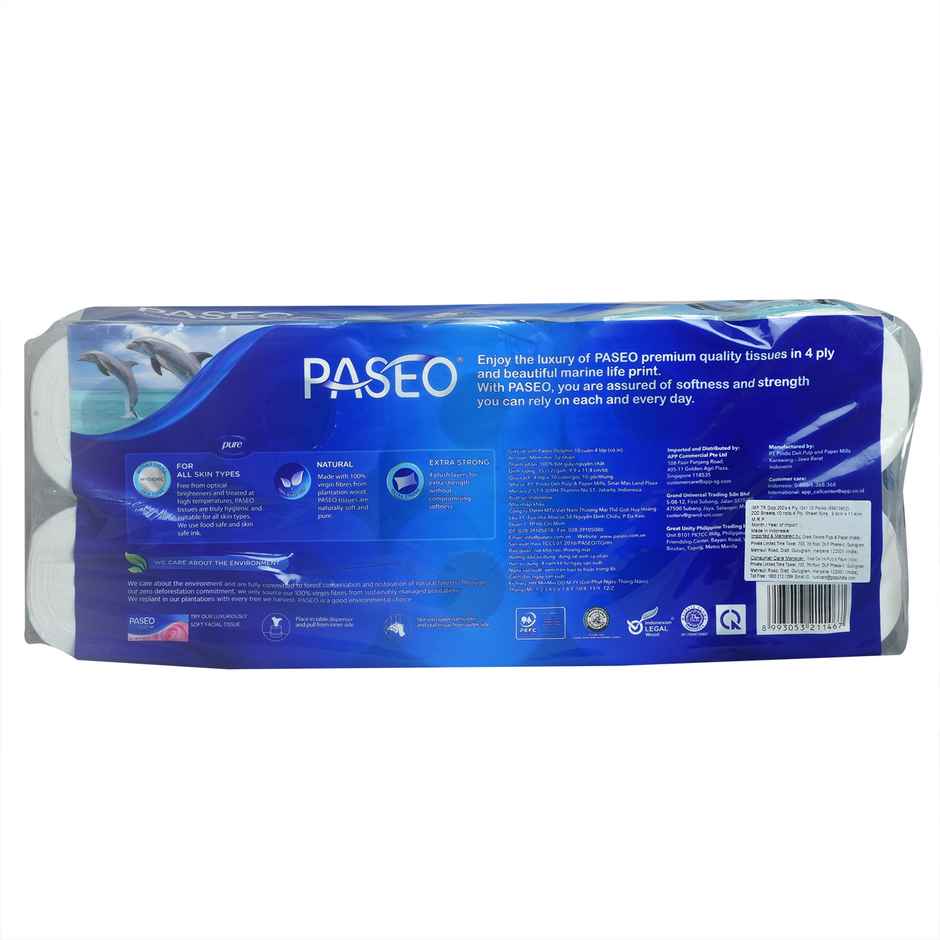 Paseo Imported Dolphin Toilet Roll | 200 Sheet | 4 Ply | Pack of 10